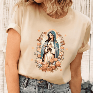 Camiseta Feminina Estampada Virgem Maria Blusa Algodão Camisa Preto Bege Branco em Oferta na Shopee
