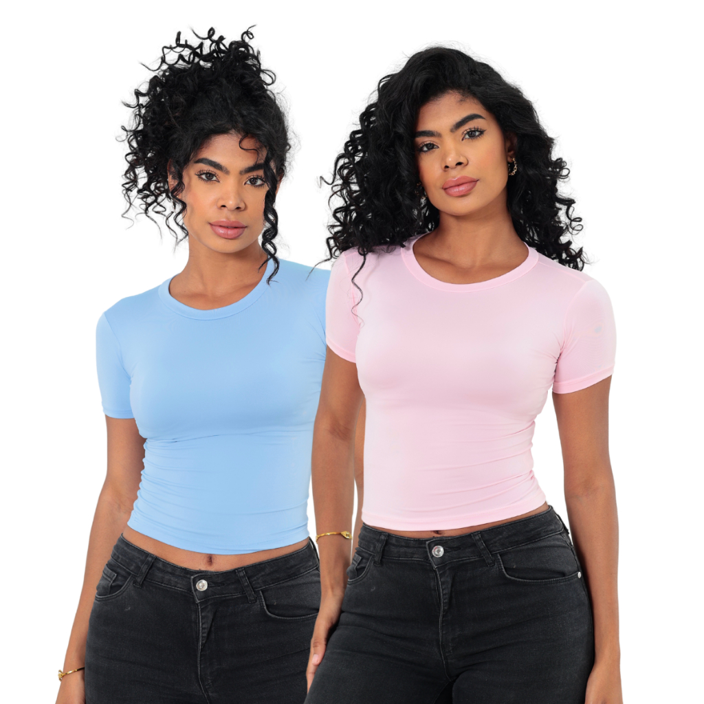KIT 2 Baby Tee Feminina - Blusa Slim Fit Manga Curta Candy Colors em Oferta na Shopee