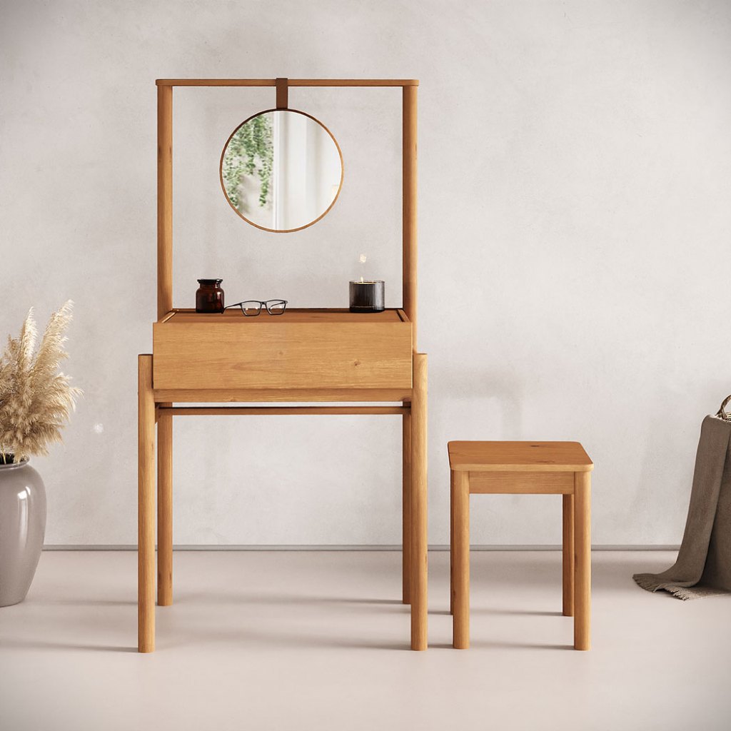 Penteadeira Escrivaninha Com Espelho Compacta Madeira Com Banco Lily