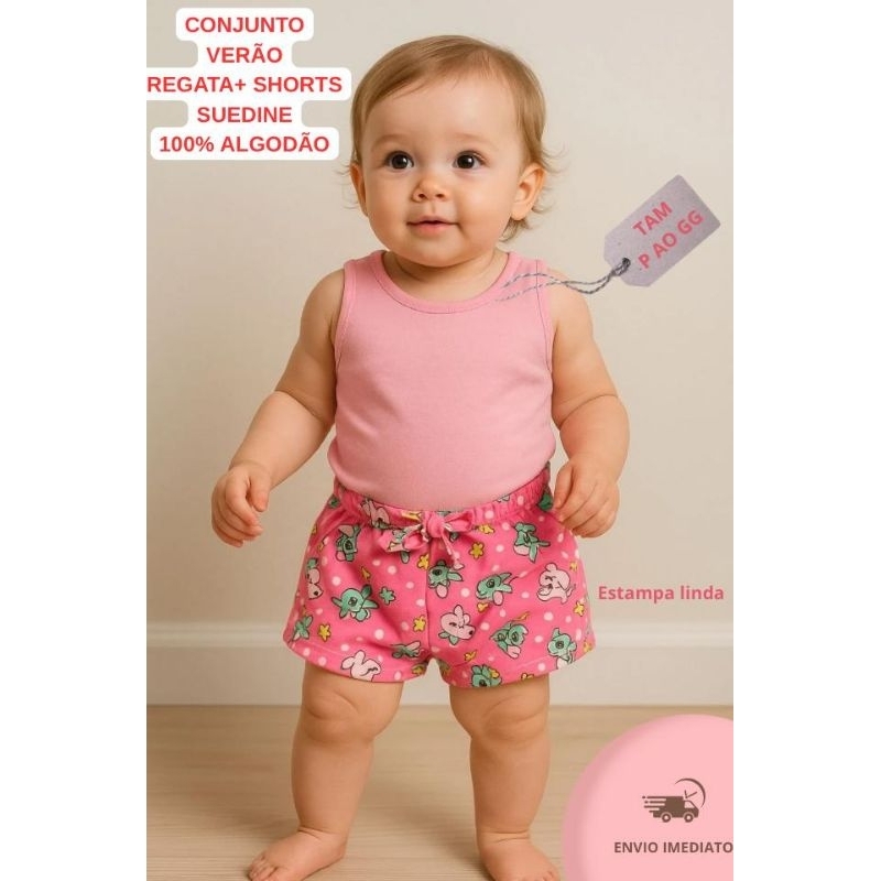 Conjunto Bebê Menina – Regata Rosa + Shorts Estampado | Fresquinho e Confortável