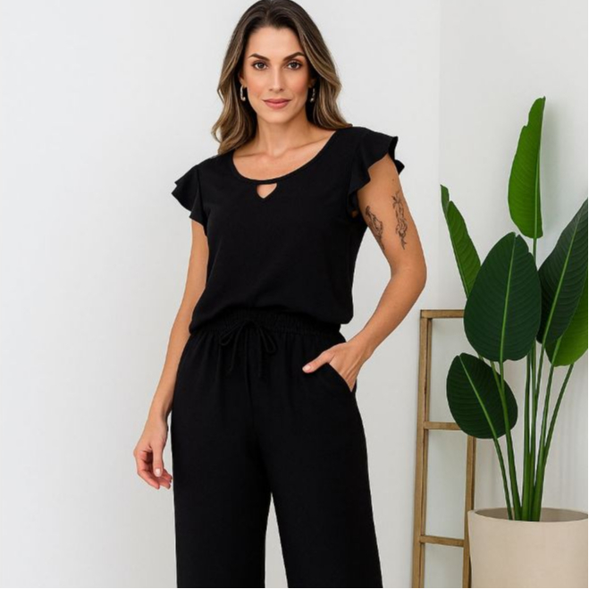 Conjunto Feminino Blusa Babado + Calça Tecido Duna Elegante Confortável Casual Social Várias Cores!