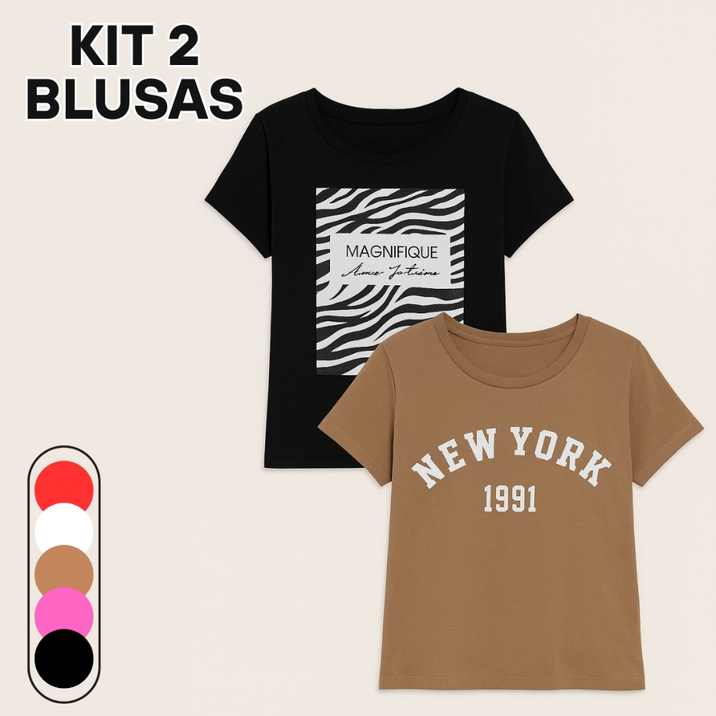 Kit 2 Tshirt Moda Estampada Feminina P ao G1