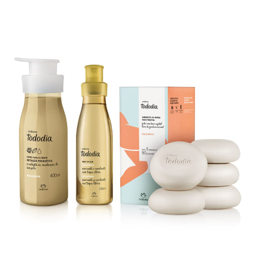 Kit Tododia Macadâmia Creme desodorante nutritivo para o corpo 400 ml + caixa de Sabonetes 5x 90g + body splash 200ml