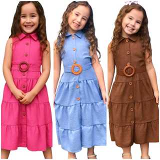 Vestido Infantil Feminino Elegante com Botões e Cinto  sem manga Moda Menina Estilo Princesa em Oferta na Shopee