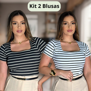 Kit 2 Blusas Camiseta Gola Quadrada Listrada Ribana Canelado Moda Gringa T-shirt Premium Básica Casu em Oferta na Shopee