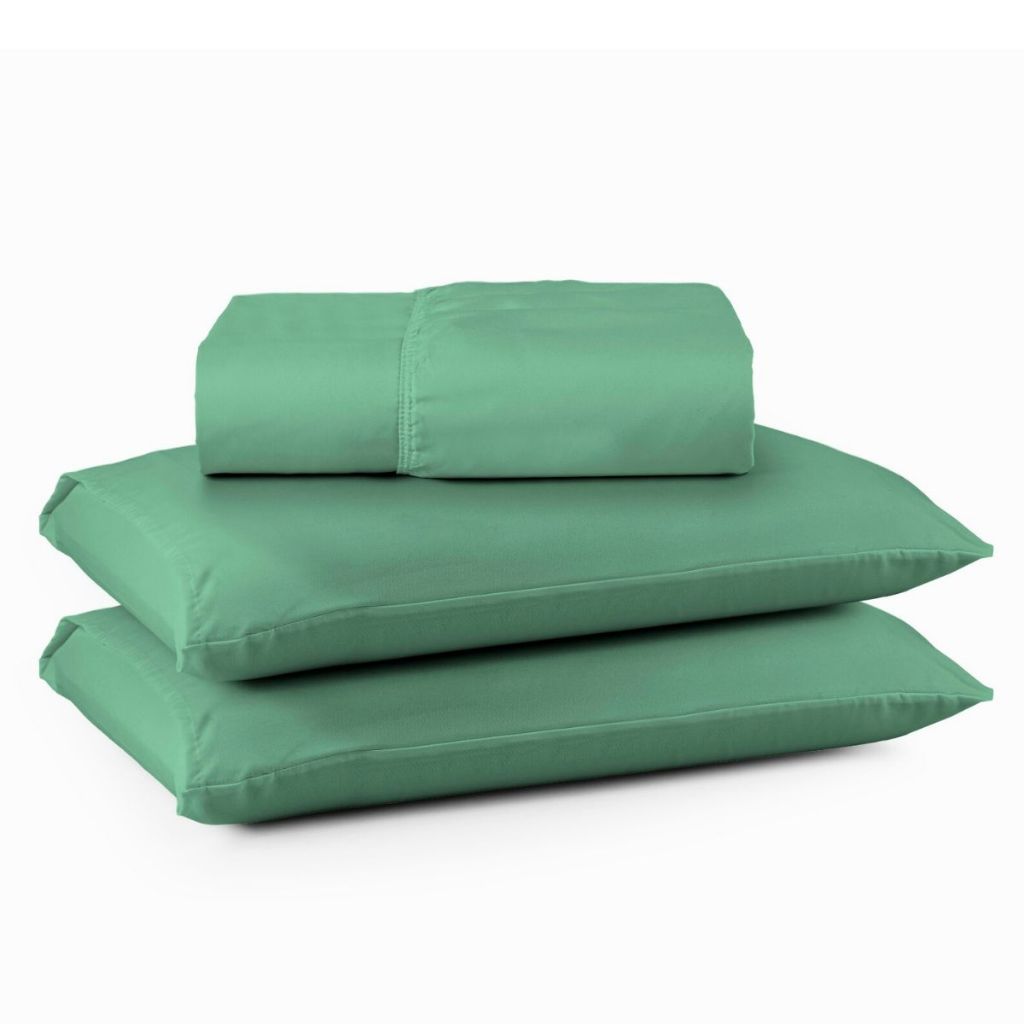Kit Jogo Lençol Roupa Cama Casal Queen 3 Pçs Elastico Fronha Hotel 200 Fios Toque Seda Suave Verde