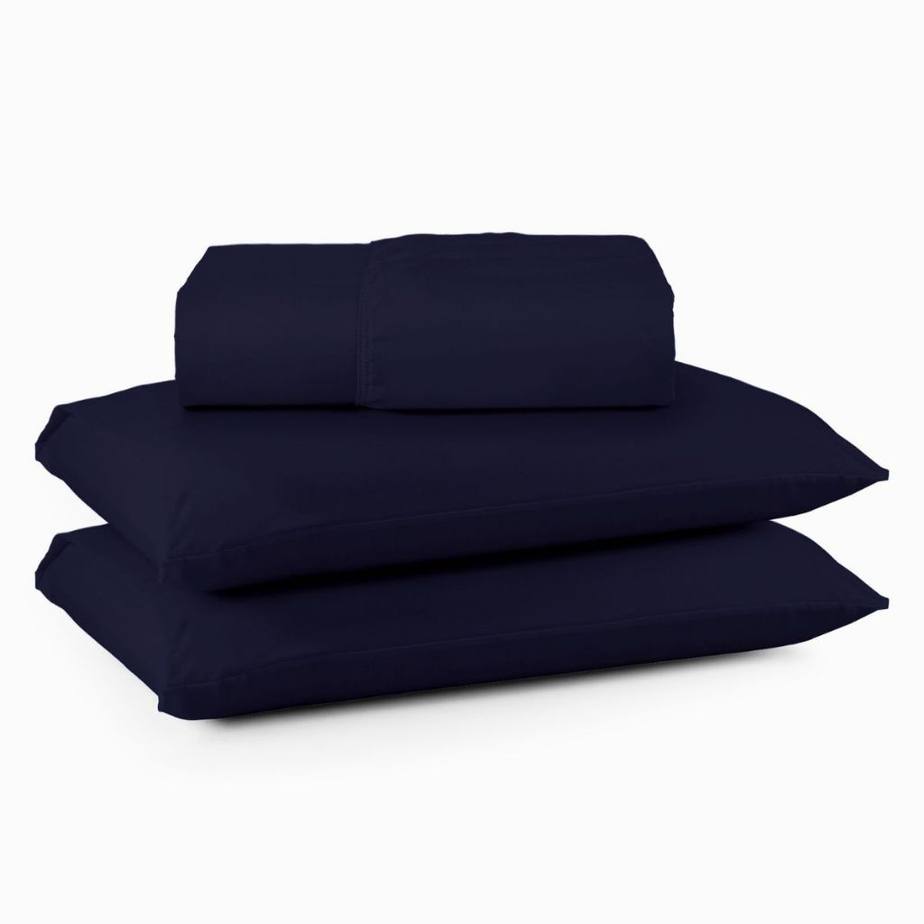 Kit Jogo Lençol Roupa Cama Box Decoração Casal Queen 3 Pçs Elastico Fronha 200 Fios Azul Marinho