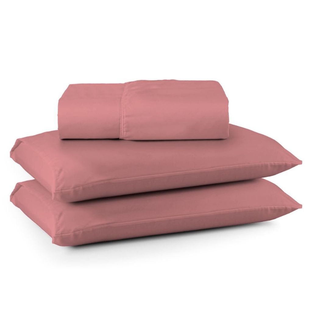 Kit Jogo Lençol Roupa Cama Casal Super King 3 Pçs Elastico Fronha Basico Liso 200 Fio Seda Rose Nude