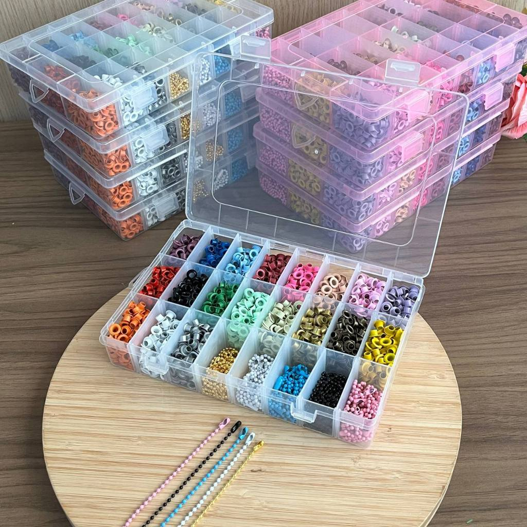 1700 ilhós de alumínio 19 cores + 100 correntinhas 5 cores em uma linda caixa organizadora scrabbook encardenação agenda em Oferta na Shopee