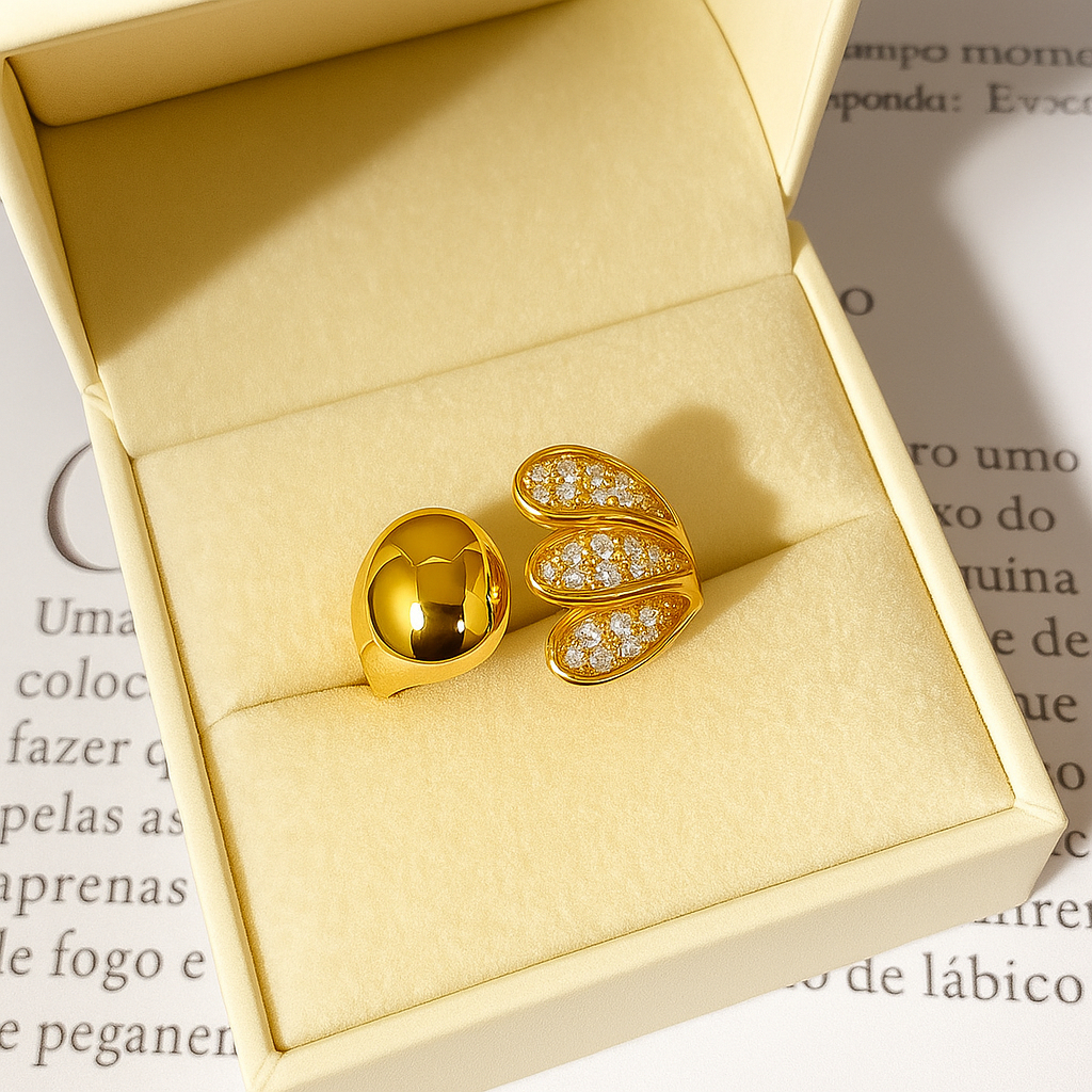 Anel Feminino Regulável  Cravejado pedra de zirconia  3 Gotas Folheado a Ouro e Prata 925