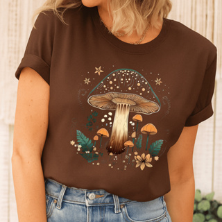 Camiseta Casual Feminina de Verão com Estampa de Cogumelos em Oferta na Shopee