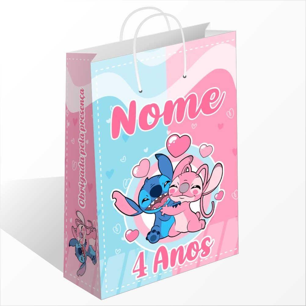 Sacolinha Personalizada Stitch e Angel Rosa com Nome Sacolinha Surpresa Stitch Sacolinha Festa