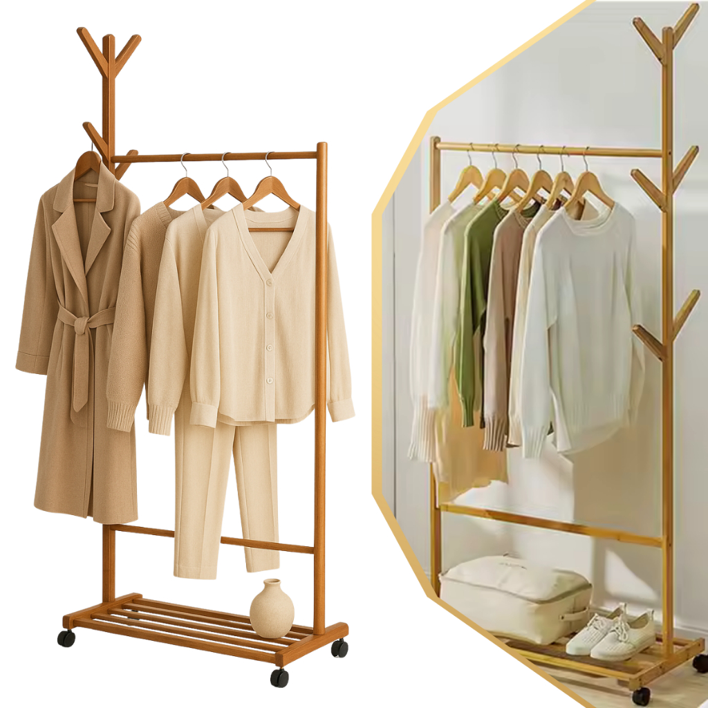 Mancebo Cabideiro Com Rodinhas 155cm Bambu Chão Arara Roupas