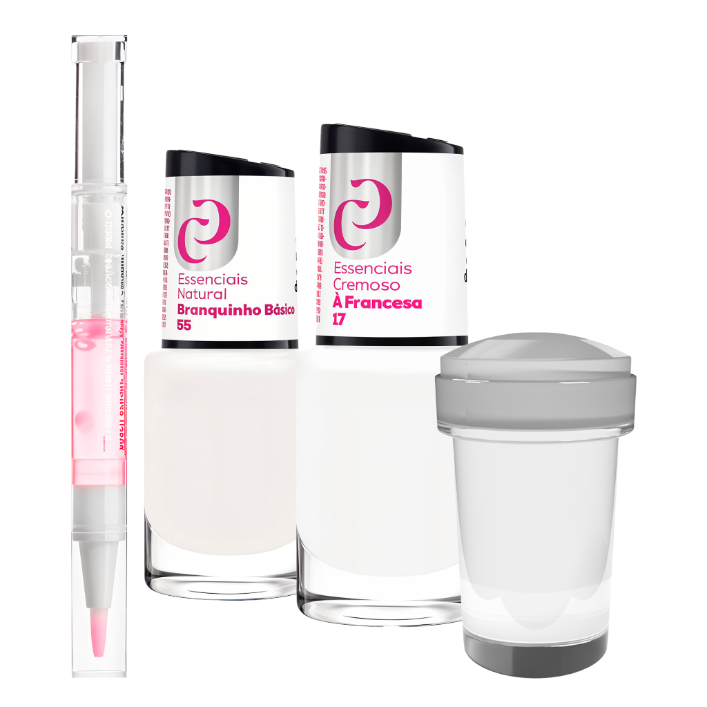 Kit Unhas Francesinha Óleo Cutícula Esmalte Branco Carimbo Silicone Fácil Aplicação Profissional