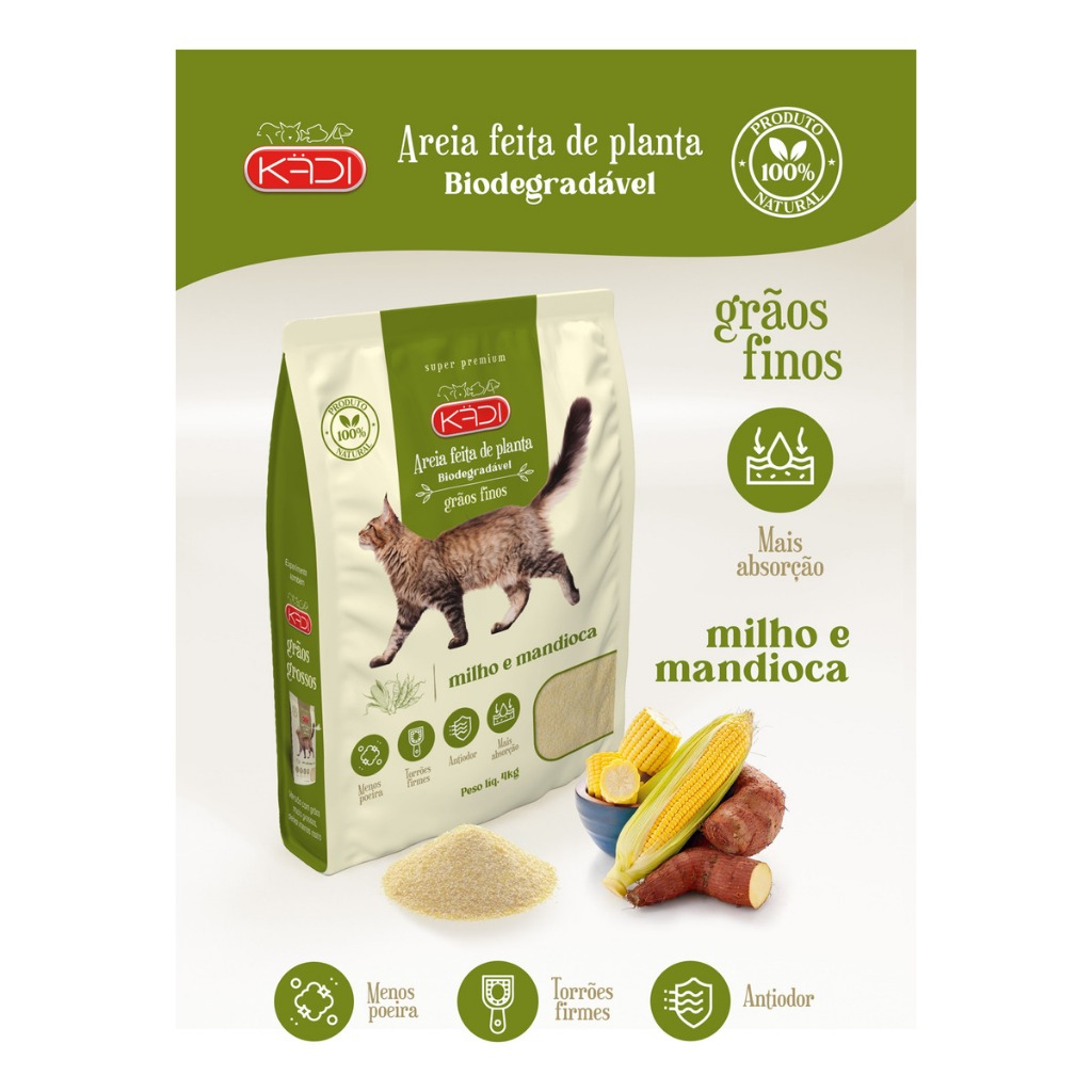 Areia Sanitária Gatos Kadi Milho e Mandioca Biodegradável Premium - Controle de Odores, Alta Absorção, Torrões Firmes