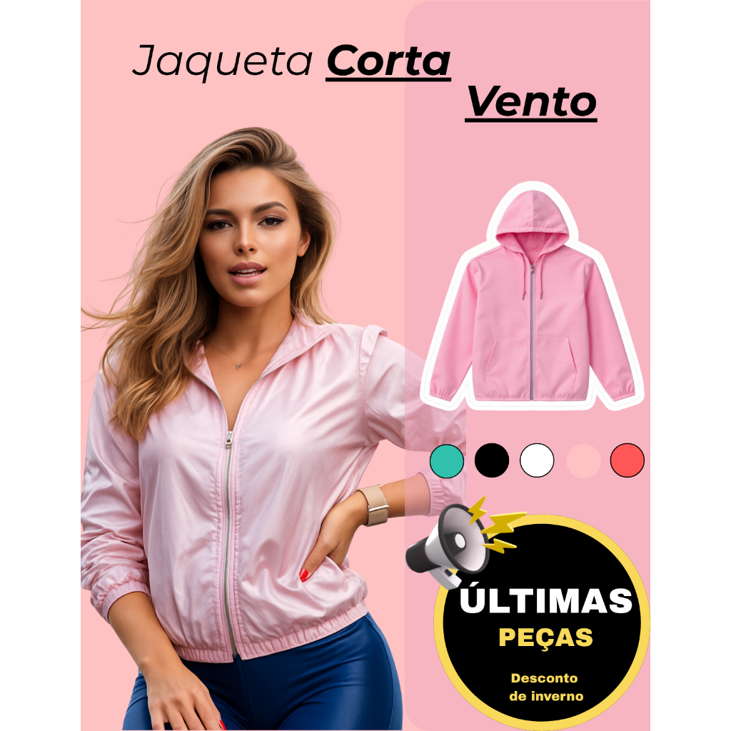 Jaqueta Corta Vento Feminino Premium Com Bolso e Capuz Forrado Resistente a Água