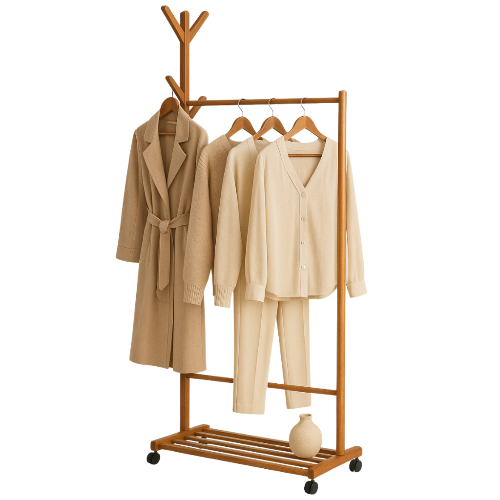 Mancebo Cabideiro com Rodinhas 155cm Bambu Chão Arara Roupas