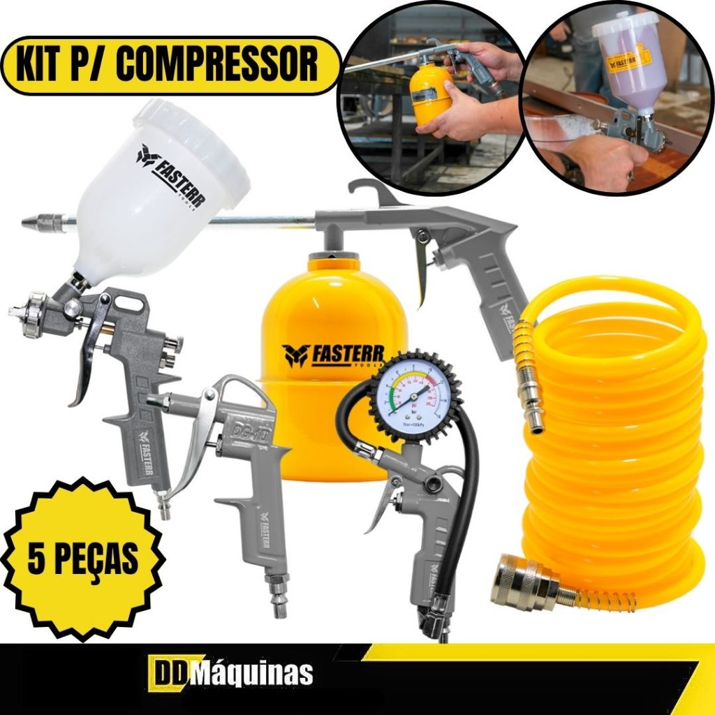 Kit Acessórios Para Compressor 5 Peças Com Pistola De Gravidade FST033 - FASTERR