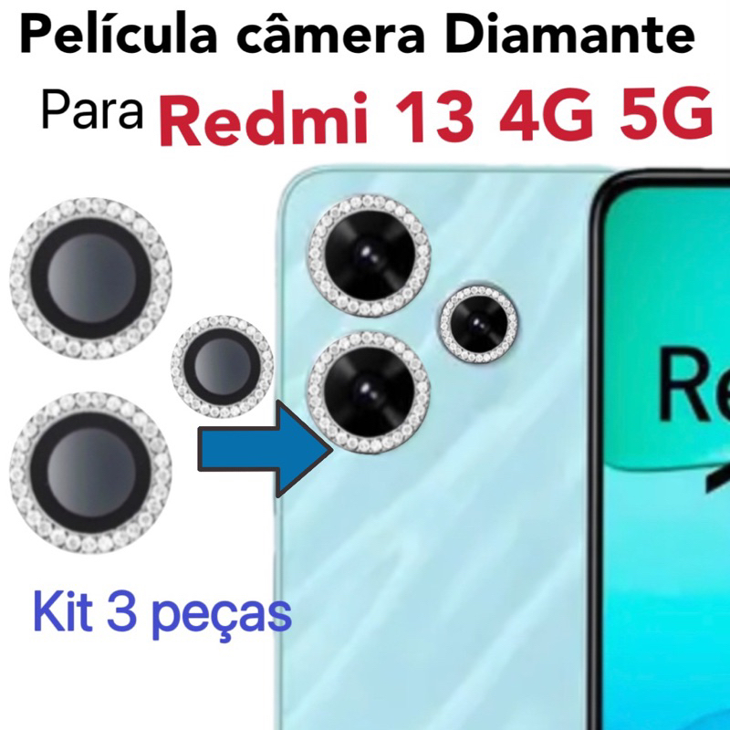 KIT( 3 peças)Película de câmera Diamante Para Xiaomi Redmi 13 5G Películas protege lentes com Strass Brilhante Brilho