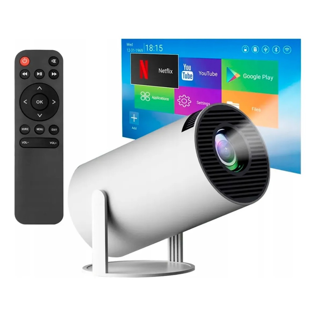 Mini Projetor Portátil Bivolt Android Full Hd Smart Wifi Home Hy300 Branco Com Controle