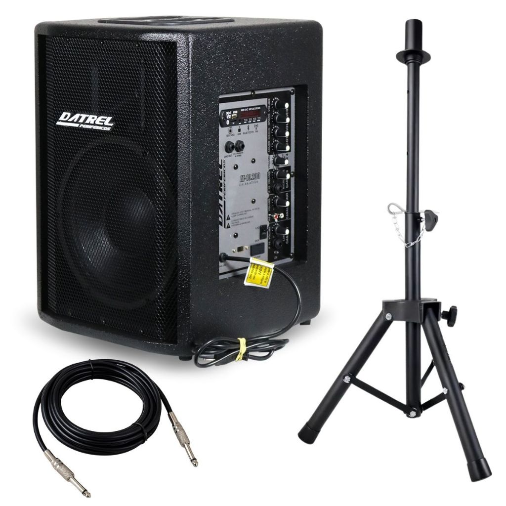 Caixa Som 200w Rms Ativa 10 Datrel Profissional Acustica Amplificada Usb Bluetooth + Suporte Pedestal Tripe e Cabo P10