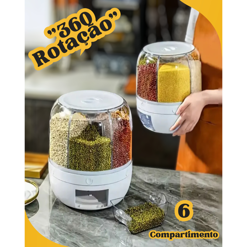 Dispenser de Cereais Giratorio com 6 Divisorias para Graos Cereais Arroz Farinha Feijao em Oferta na Shopee