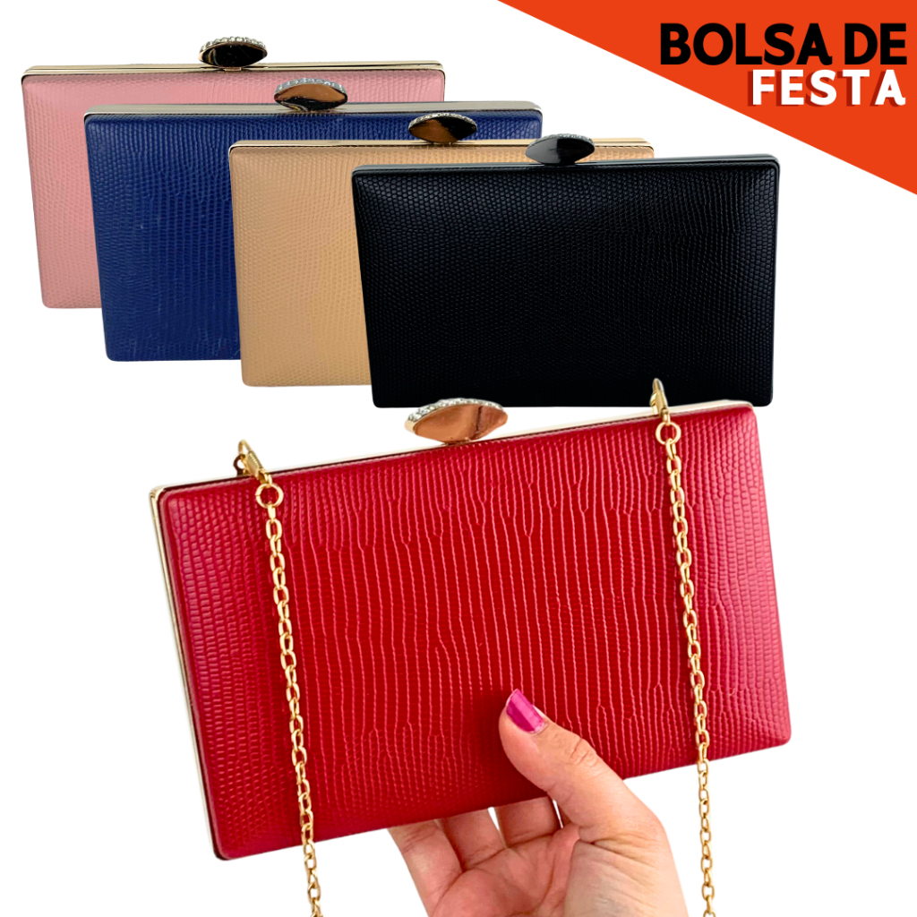 Bolsa Clutch Carteira Feminina Mão e Transversal com Alça Corrente Removível Para Festas - M-418 -BC