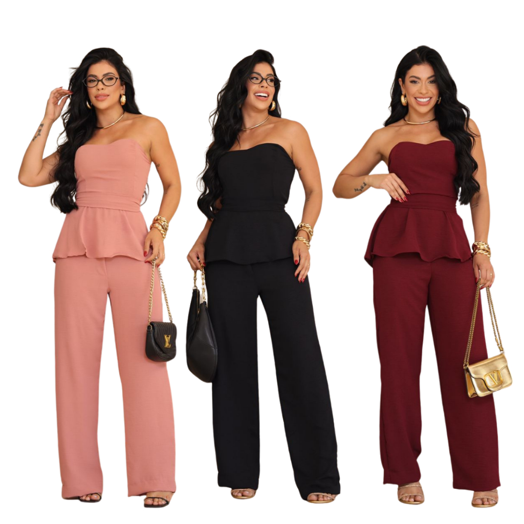 Conjunto Calça Pantalona com Blusa Feminina em Crepe