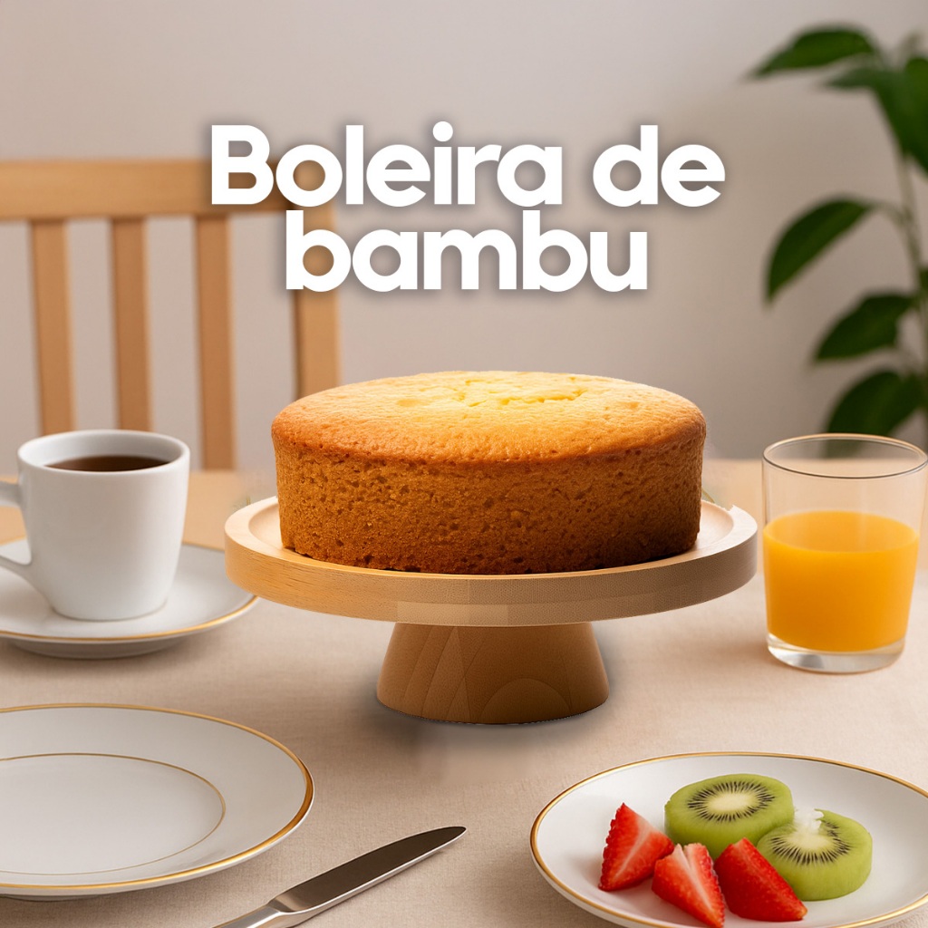 Prato para Bolo com Pé 20cm Bambu Suporte para Panetone Tortas e Sobremesas Elegante Boleira