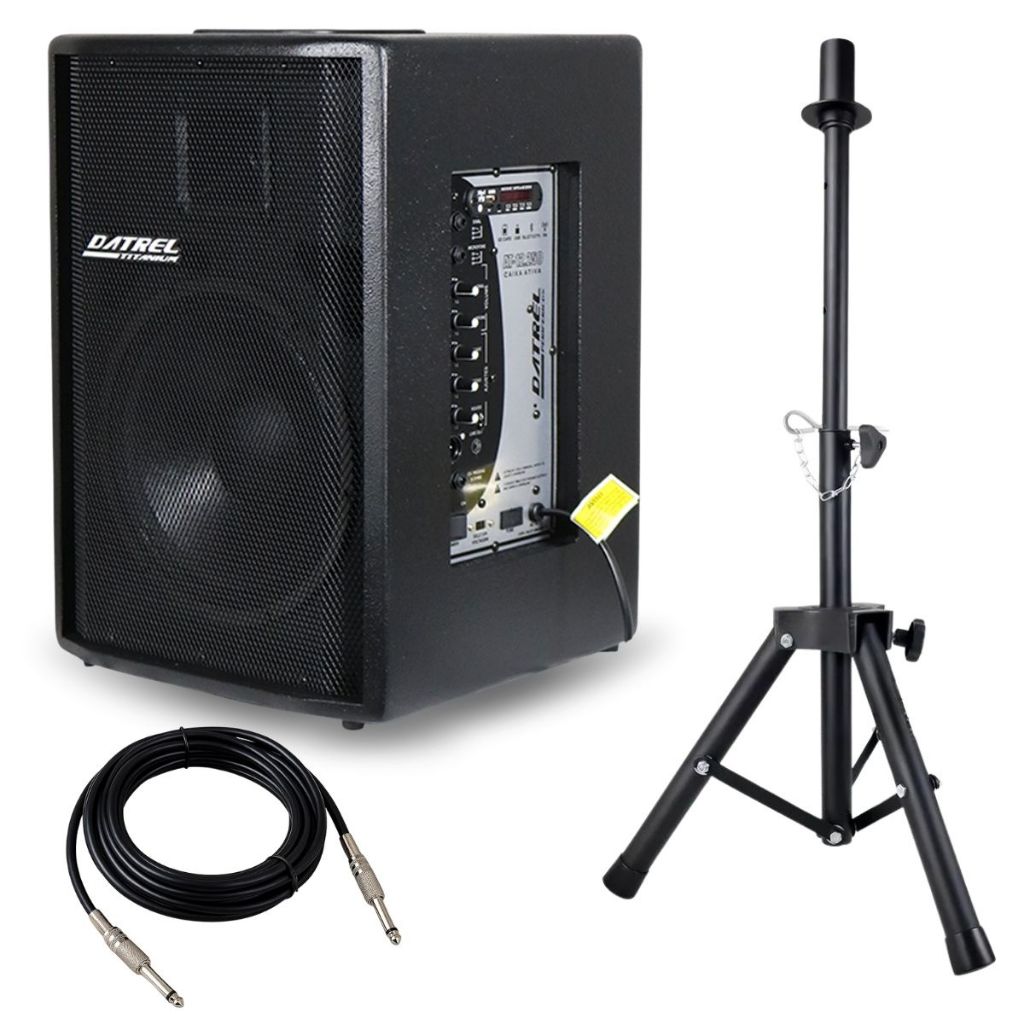 Caixa Som 250w Ativa 12 Polegadas Datrel Profissional Acustica Amplificada Usb Bluetooth + Suporte Pedestal Tripe e Cabo
