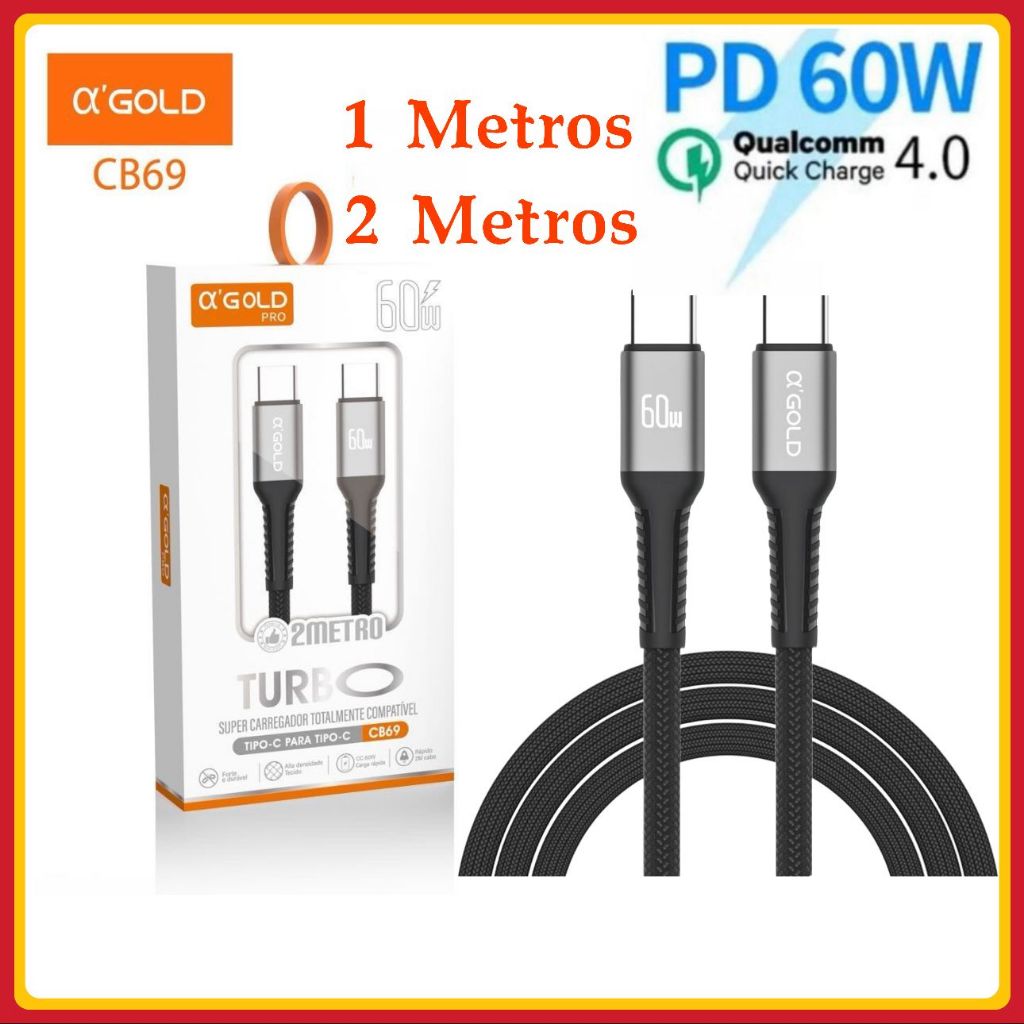 Cabo Tipo c Turbo 60W USB-C Para Tipo C Cabo PD 1 e 2 Metros original A'GOLD Carregamento Rápido