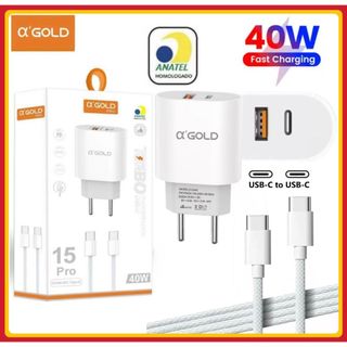 Carregador Turbo 40W com cabo Tipo C para Tipo C Fonte PD 2 Entrada USB e USB C carregame…