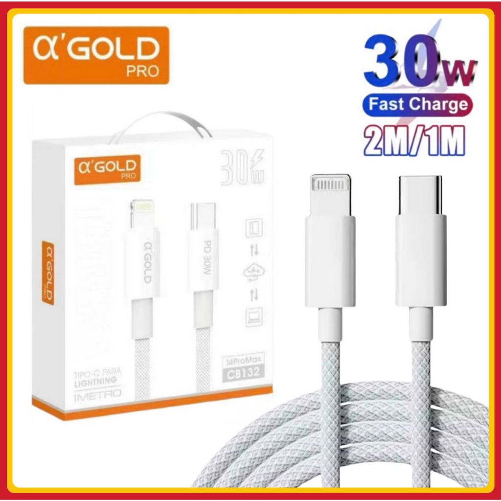 Cabo Tipo C Lightning Turbo 30W cabo PD Para iPhone A’Gold Original 1 e 2 Metros carregamento rápido em Oferta na Shopee