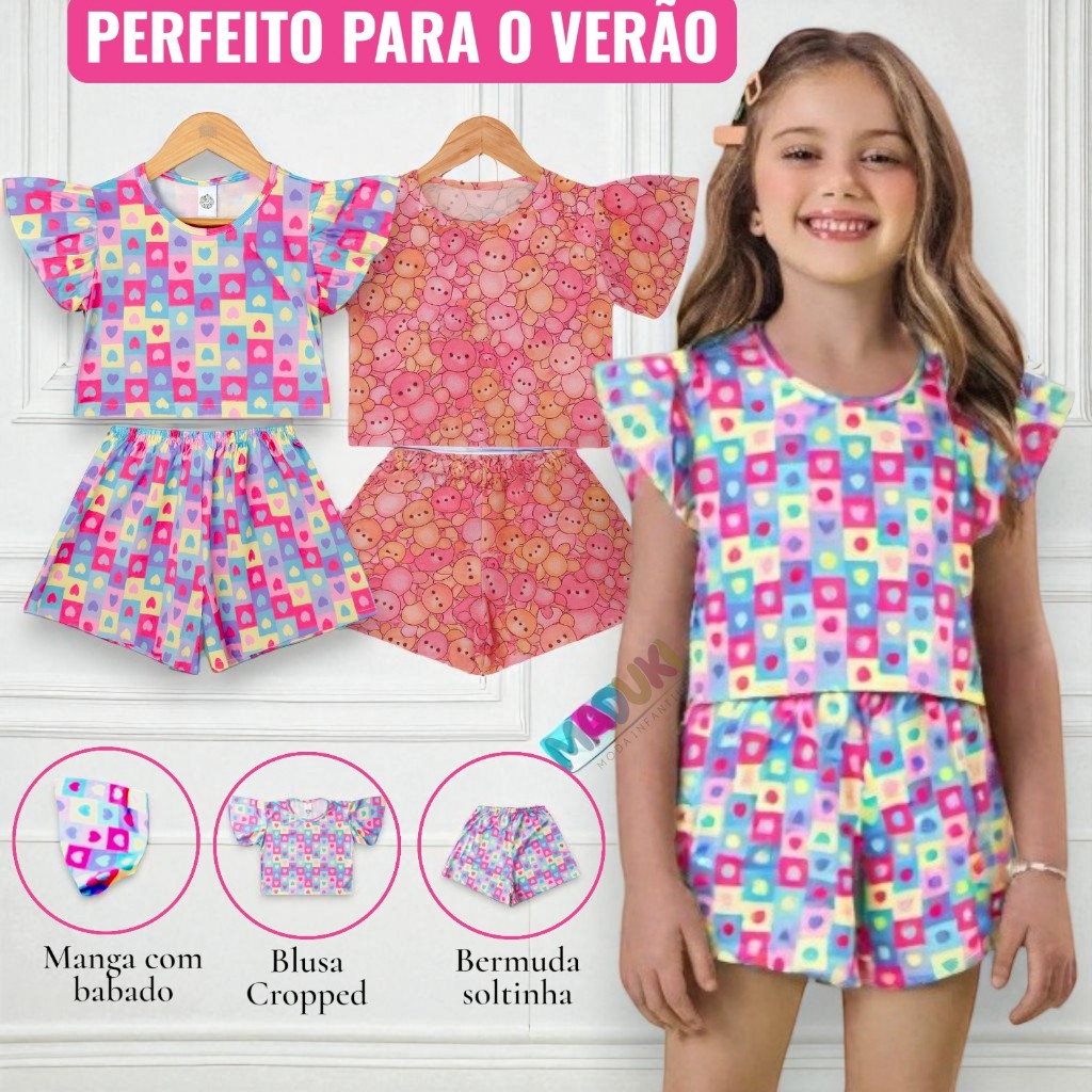 Conjunto Verão Infantil Juvenil Menina Cropped com Babado + Shortinho Estampado Luxo Festa