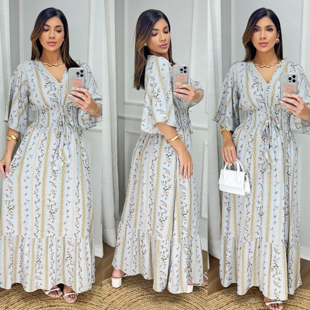 Vestido Longo Feminino Estampado Floral Manga Flare Decote V Elastex Elegante Moda Verão em Oferta na Shopee