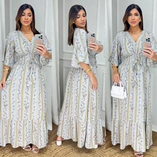 Vestido Longo Feminino Estampado Floral Manga Flare Decote V Elastex Elegante Moda Verão em Oferta na Shopee