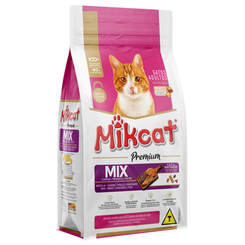 Mikcat Mix Ração Premium Alimento Gatos Adultos 30%pb Carne Peixe Frango 7kg