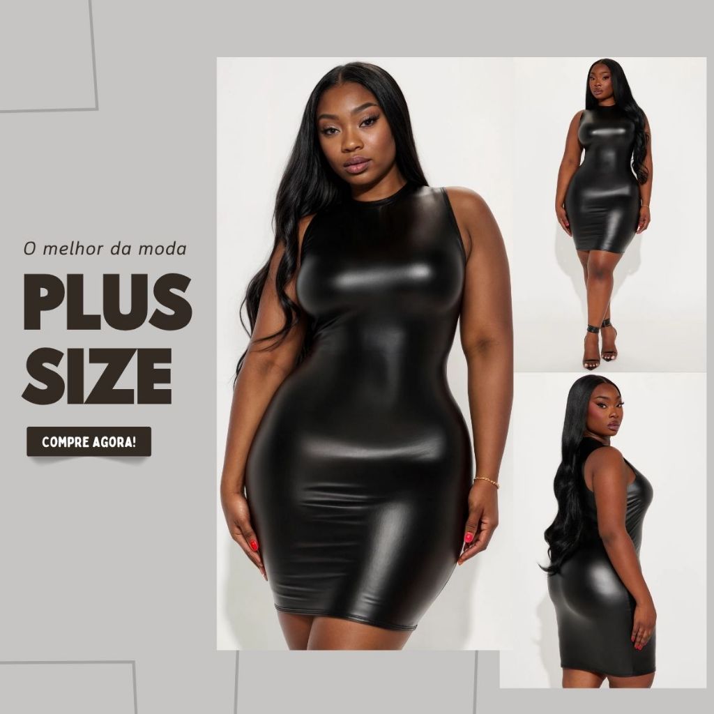 Vestido Moda Feminina  Plus Size em Couro Fake Cirrê