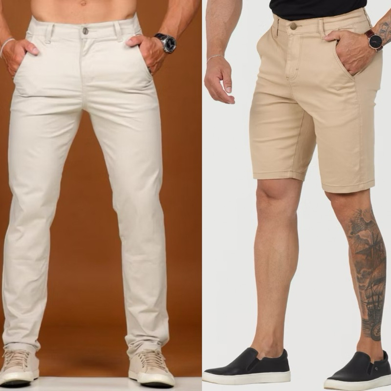 Kit Bermuda + Calça Sarja com Elastano Bermuda Esport Fino com Lycra e Calça Sport Modelagen Slim