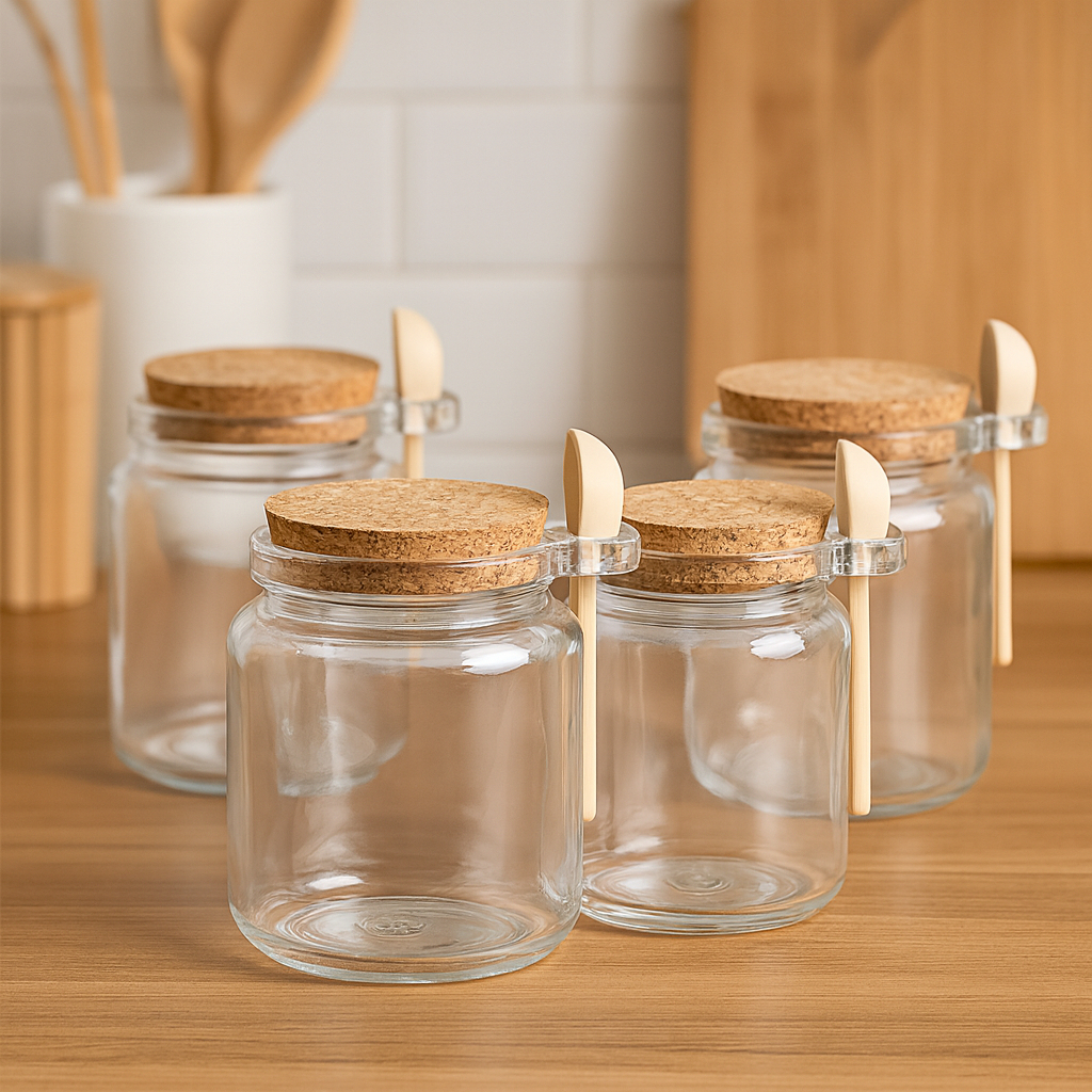 Pote de Vidro com Colher em Bambu e Tampa Rolha 240ml Lyor - Saleiro e Porta Condimento