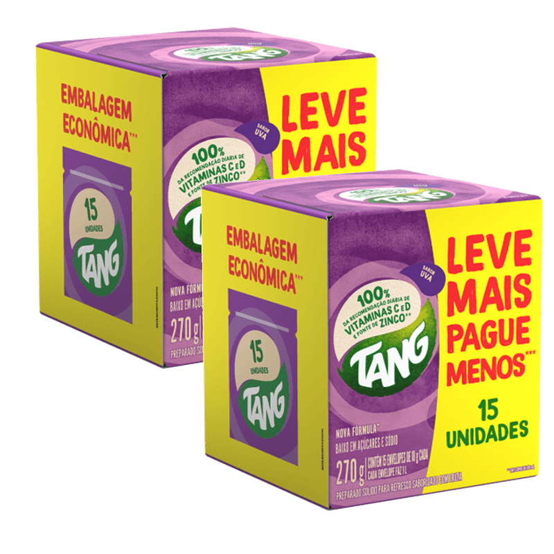 Kit com duas caixas de refresco em pó Tang uva de 18g com 15 unidades cada