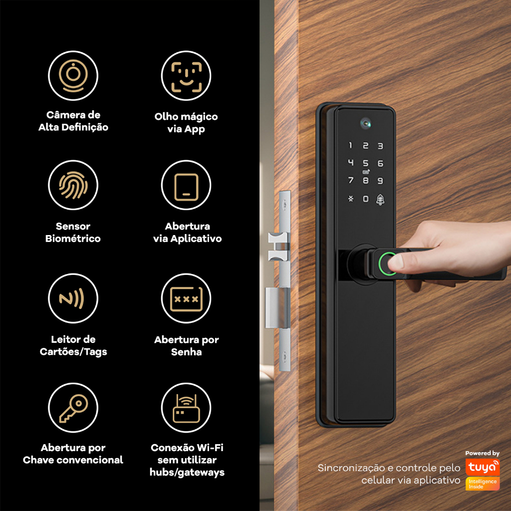 Tranca Eletrônica Maçaneta Digital com Câmera Olho Mágico Aplicativo Tuya Smart Wifi Digital Senhas Biométrica