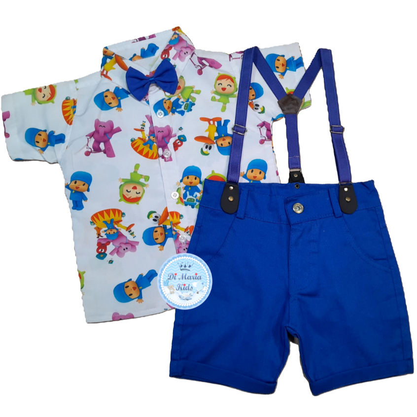 Conjunto Temático Pocoyo Camisa Short Suspensório Roupa bebe menino festa infantil Personagens
