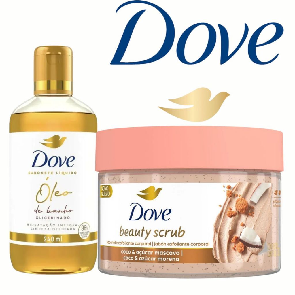 Kit Dove Óleo de Banho Hidratante 240ml + Esfoliante Corporal Beauty Scrub Coco e Açúcar Mascavo 280