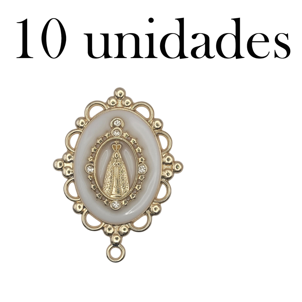 kit 10 entremeio de Nossa Senhora Aparecida com strass e resina cor dourado para terço devocional