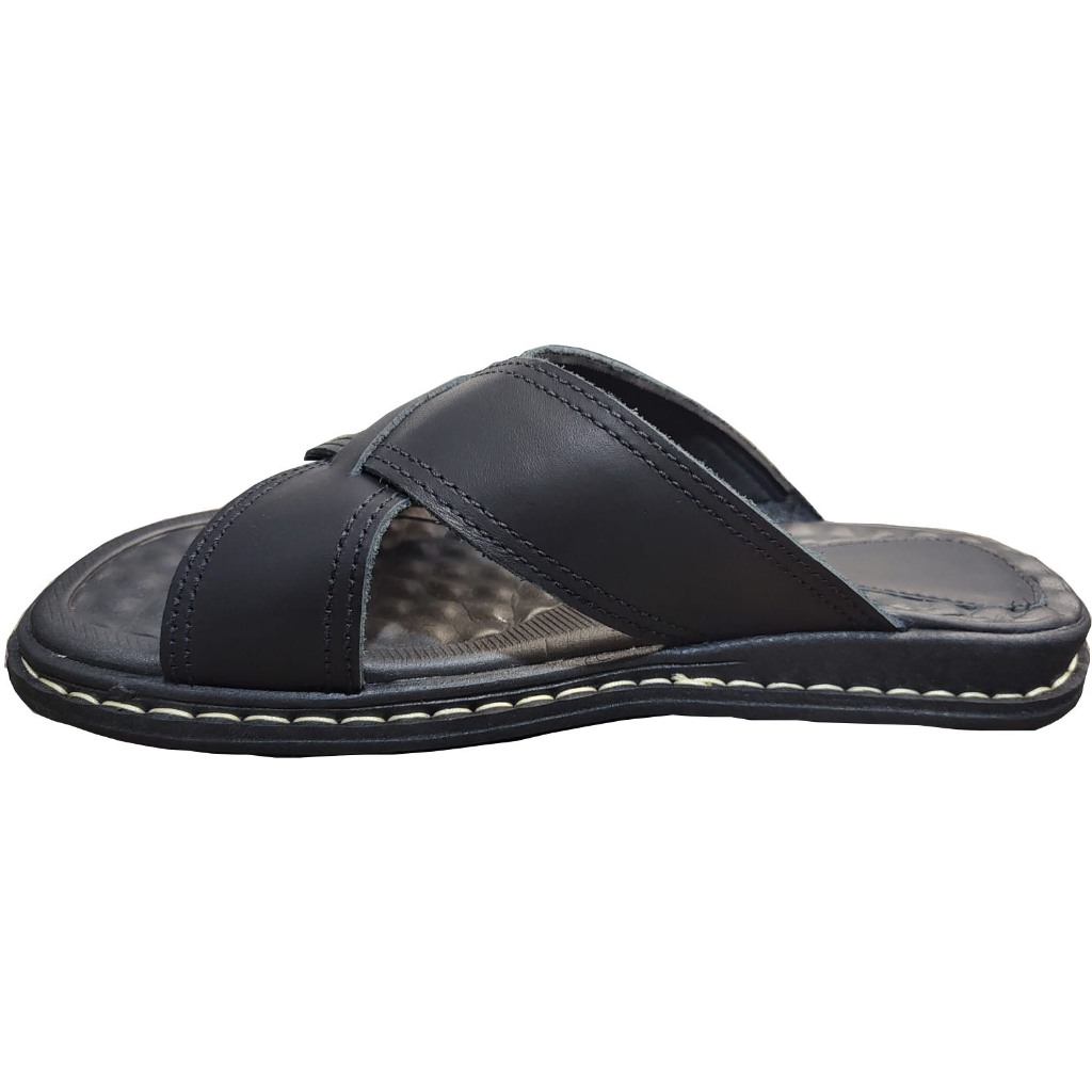 Chinelo Masculino com Tiras Cruzadas Couro Legítimo Macio Confortável Ortopédica