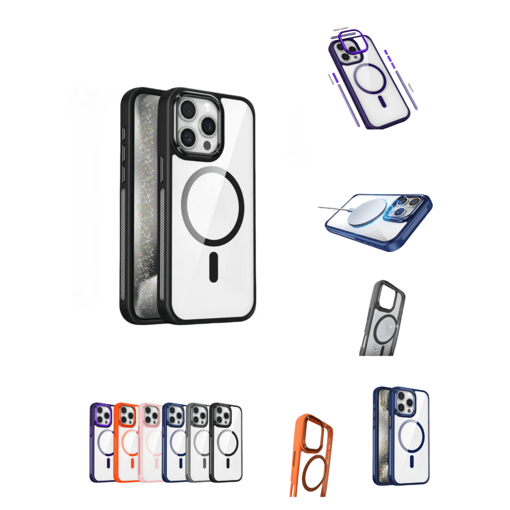 Capa Magnética Transparente Anti-Impacto com Borda Colorida Compatível iPhone 11 12 13 14 15 16 Pro Max e S23 S24 Ultra em Oferta na Shopee