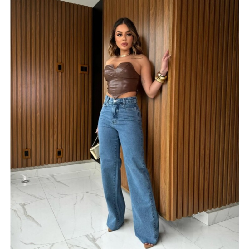 Calça Jeans Wide Leg Feminina Estilo Versátil em 100% Algodão