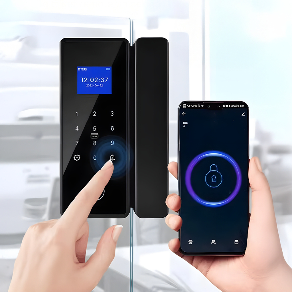 Fechadura Digital Eletrônica Inteligente para Portas de Vidro Pivotantes Abertura Remota Wifi Tuya Vidro Alvenaria