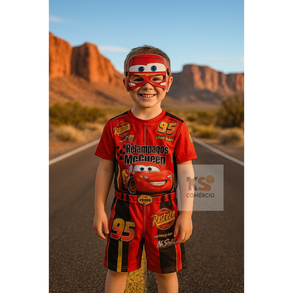 Fantasia Relâmpago McQueen Infantil | Macacão + Máscara | Envio Rápido | KS Comércio